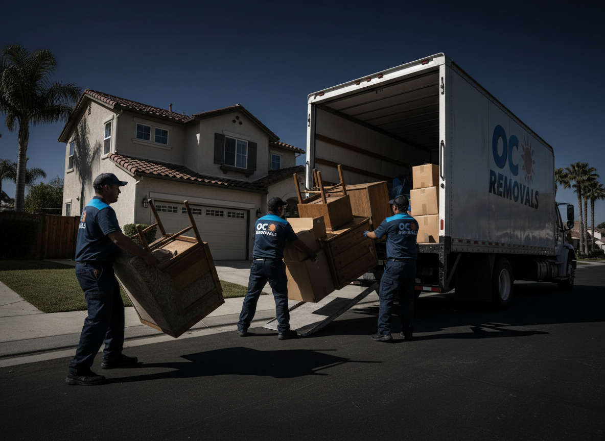 Junk removal crew loading items into a truck outside a home
